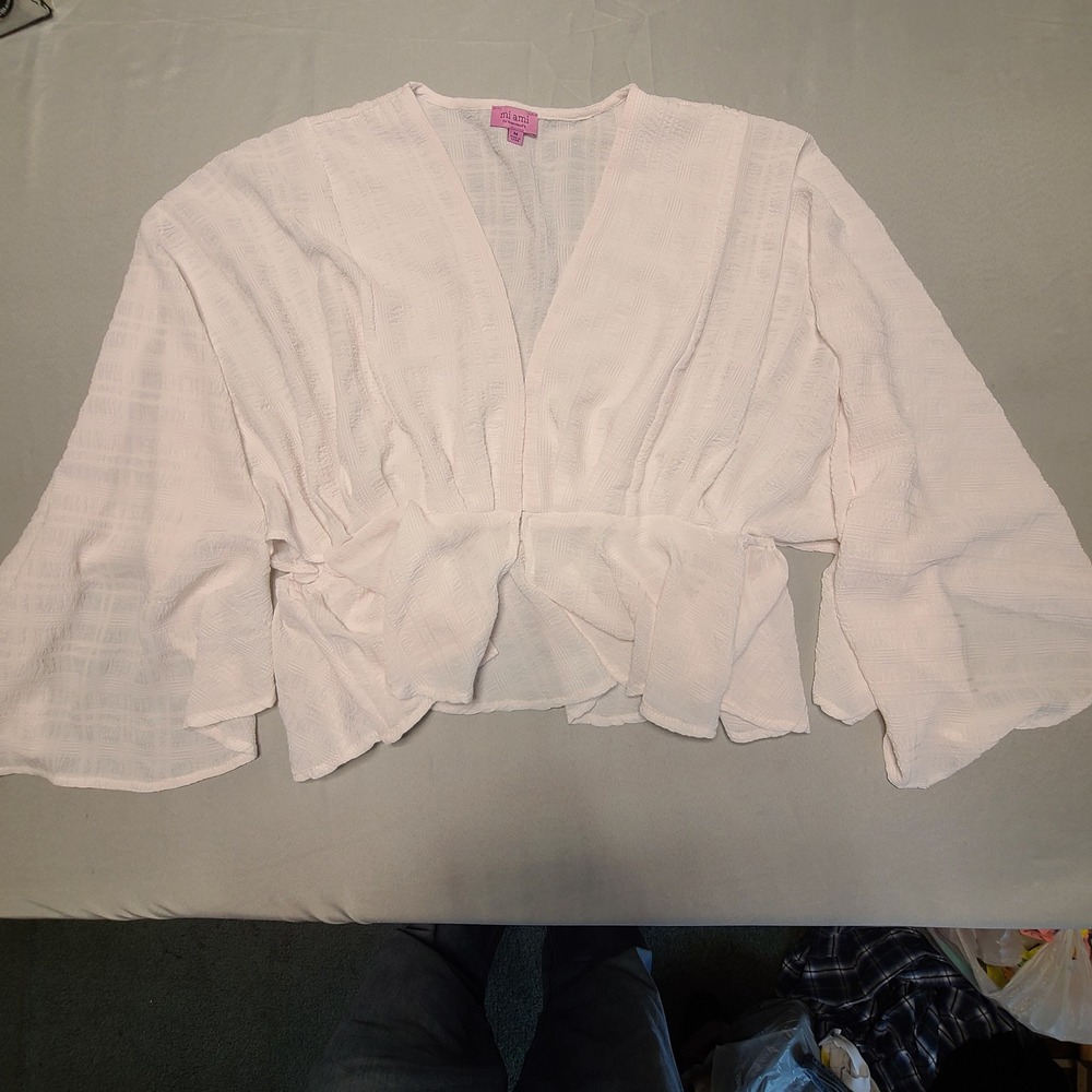 Mi Ami Peplum Blouse Womens Medium‎ Pink Kimono Sleeve V-Neck Textured Top